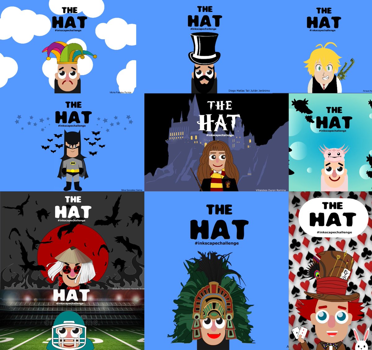 blaisepascale's tweet image. Inkscapers de segundo grado de secundaria, participaron en el #inkscapechallenge en la materia de informática, dibujando un sombrero al personaje que tristemente lo ha perdido. @Inkscape