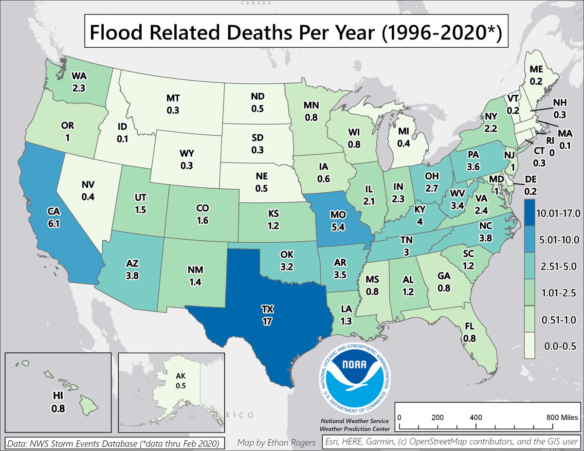 This map shows the average number of flood-related deaths per year in all U.S. states. This is based on the following official Storm Data types over the past ~25 years: flood, flash flood, heavy rain, and debris flow.
