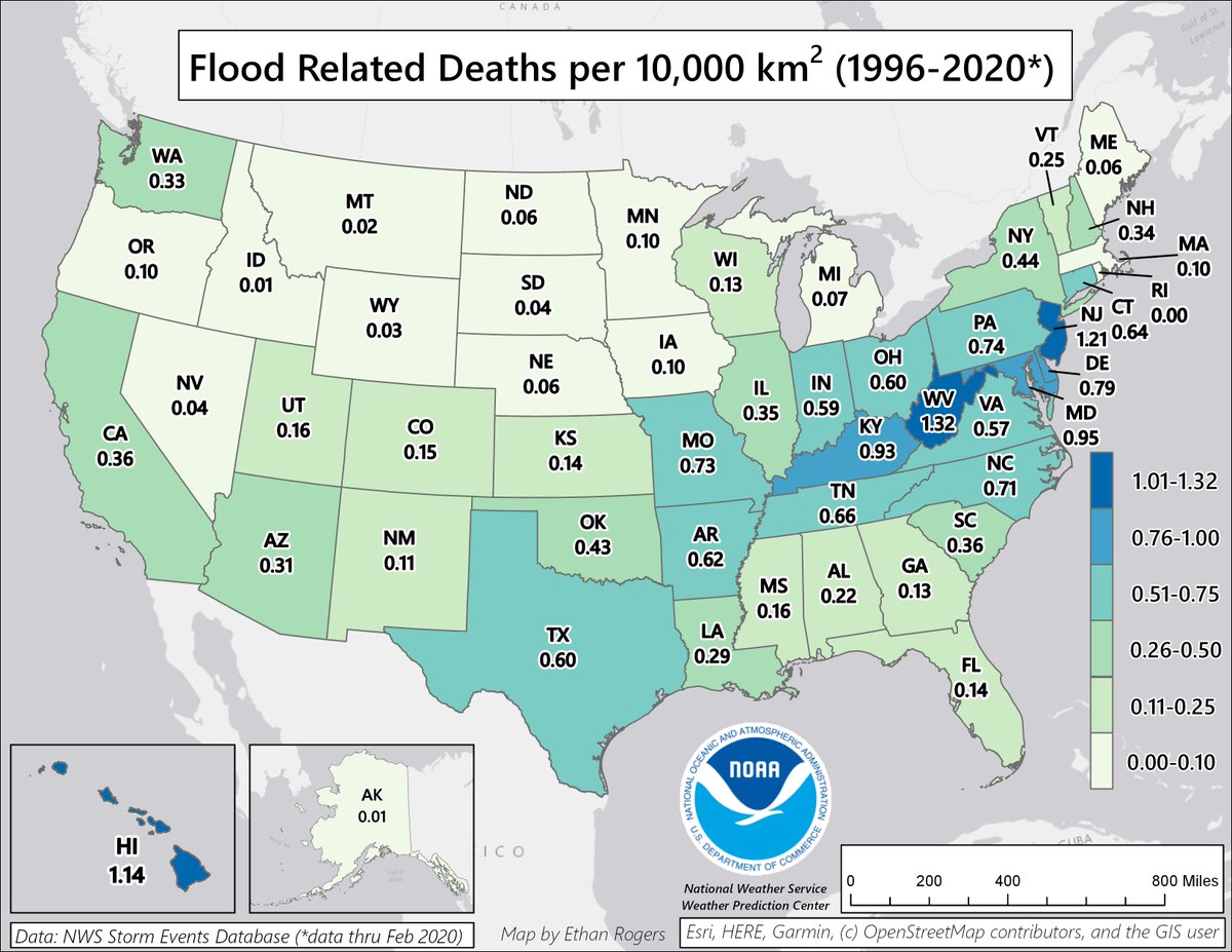 Normalizing flood-related deaths by the geographic area of U.S. states yields this map: average number of fatalities in the past ~25 years per 10,000km². The states with the highest concentration extend from the Arklatex and Ozarks regions into the Ohio Valley and Mid Atlantic.
