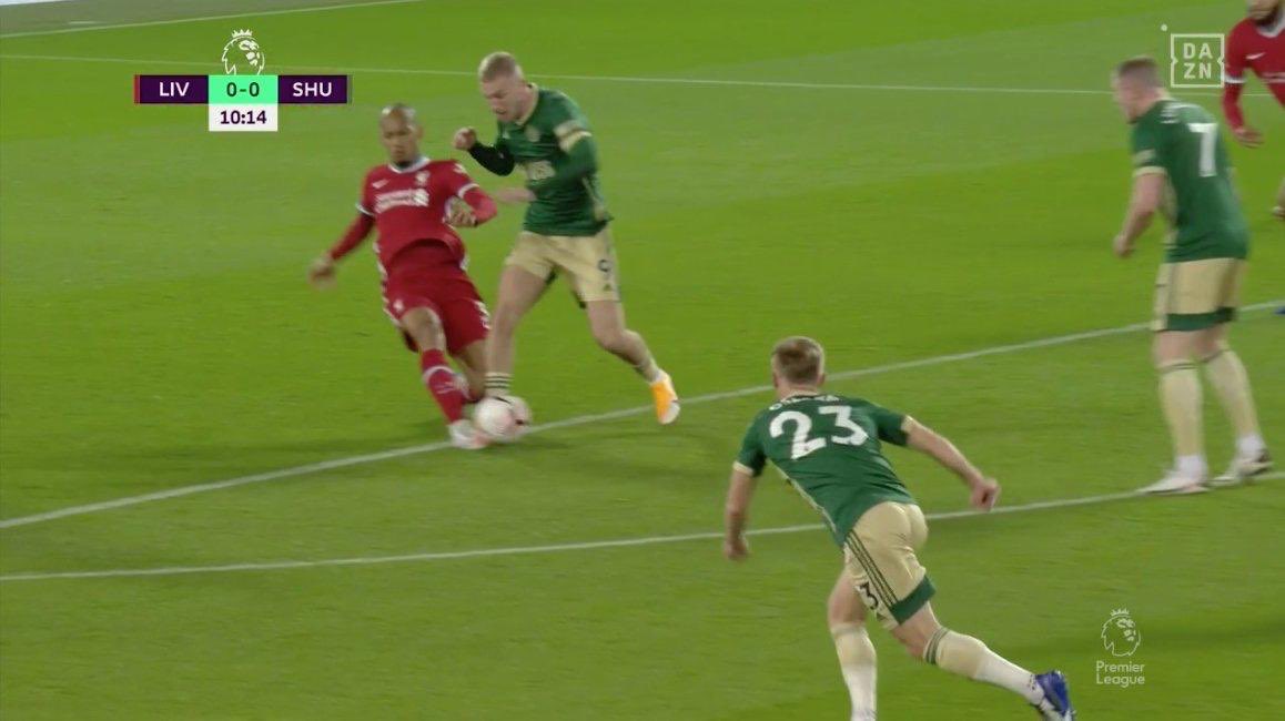 GW6: VAR rules that Fabinho did not make contact with the ball and did make contact with Mcburnie inside the box and gives Sheffield United a penalty