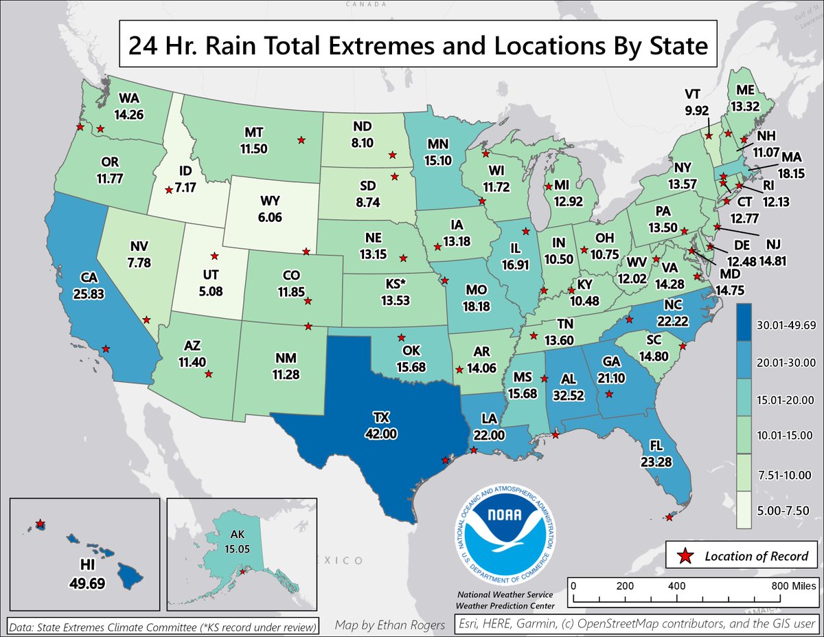 And this is a map showing the record 24-hour rainfall amounts and locations for each U.S. state, based on the database maintained by  @NOAANCEIclimate here:  https://www.ncdc.noaa.gov/extremes/scec/recordsThe highest value of nearly 50 inches in 24hr was set in Hawaii just two years ago in April 2018.
