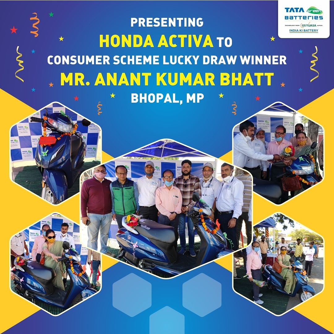 Tatagreenbatery's tweet photo. We are proud to present Honda Activa to the #ConsumerScheme #LuckyDraw #Winner, Mr. Anant Kumar Bhatt from #Bhopal, #MadhyaPradesh. Congratulations to him!

#IndiaKiBattery #TataGreenBatteries #TataGreenBattery https://t.co/zg68i3XKJQ
