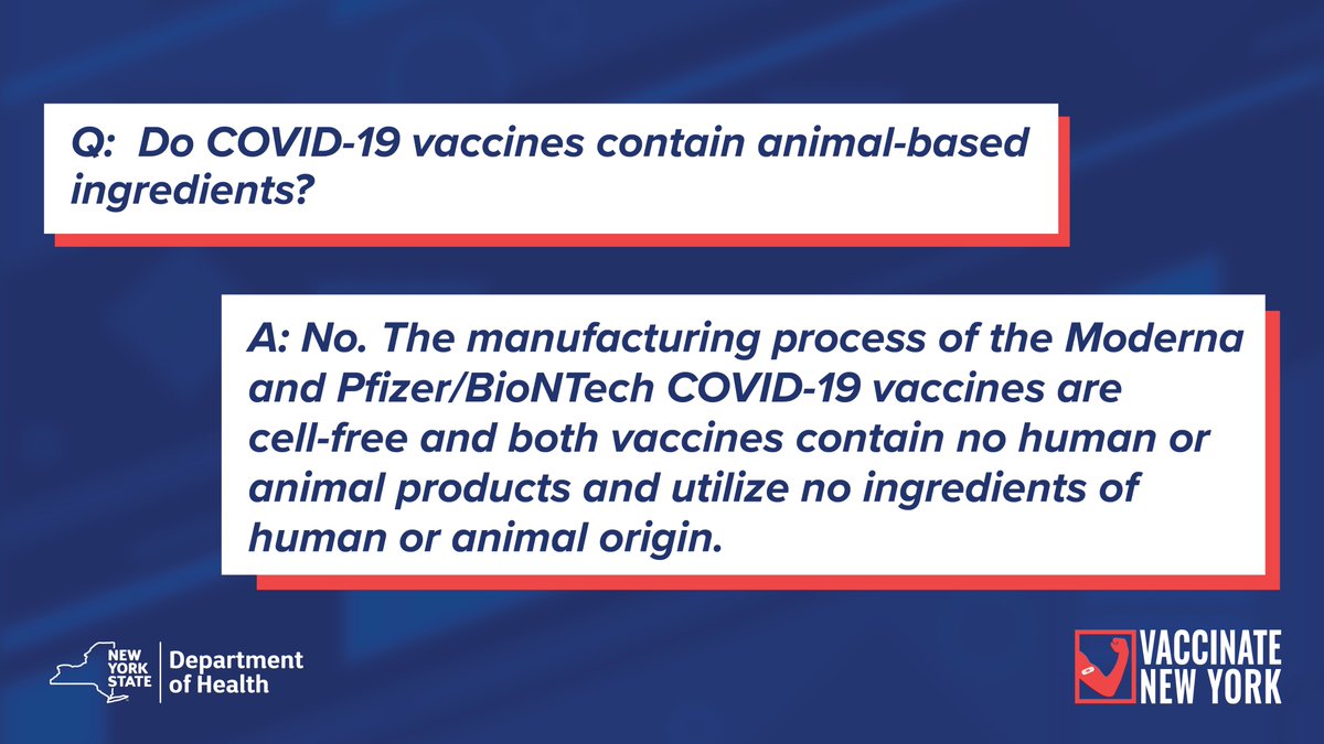 NYSOPWDD's tweet image. Q: Do COVID-19 vaccines contain animal-based ingredients?  
A:  No. The manufacturing process of the Moderna and Pfizer/BioNTech COVID-19 vaccines are cell-free and both vaccines contain no human or animal products and utilize no ingredients of human or animal origin.