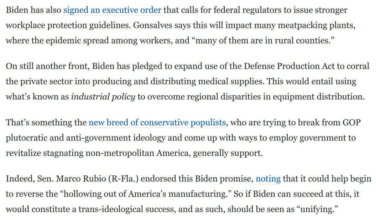 Biden's Covid blueprint beefs up protections for workers, many in meatpacking plants in rural areas.His use of Defense Production Act will employ industrial policy to channel resources to non-metro areas in a way conservative populists want.Unifying! https://www.washingtonpost.com/opinions/2021/01/22/hidden-feature-bidens-first-big-moves-major-outreach-trump-country/
