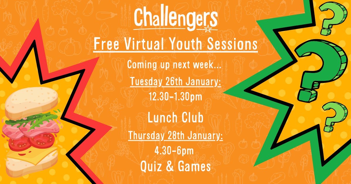 D_Challengers's tweet photo. 📣 New virtual youth sessions added for next week!

Join us on Zoom for a friendly lunch club and an extra helping of Quiz &amp; Games! Sessions are free to join and can be booked on our booking website: https://t.co/DE32uqgNAv

See you there! https://t.co/QcMacLXA3R