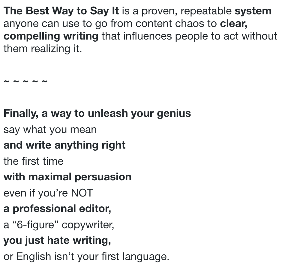 Josh (let's hope he's okay with me calling him that) starts out by identifying his target market, making a big promise, and crushing objections.>> proven system, repeatable, allows you to write persuasively. >> even if you're NOT XYZNice.