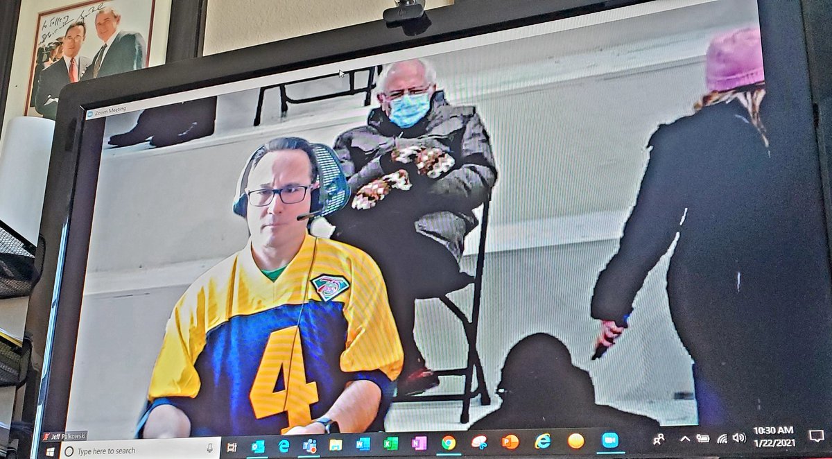 JeffPally's tweet image. Seriously, was there really any doubt that this wouldn't be my @zoom_us background for my calls today??? #Mittens #WeekendAtBernies #ItsColdOut #HesEverywhere