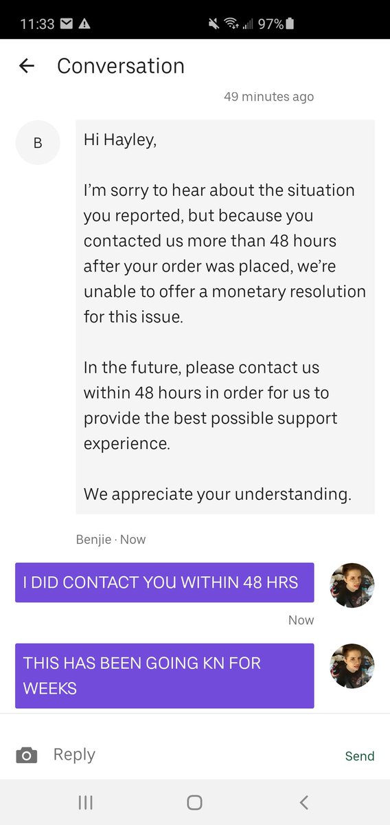 moosemacduff's tweet photo. @Uber_Support @UberEats what fucking bullshit when I have been messaging you since New Years Eve https://t.co/pWTVDm5iXj