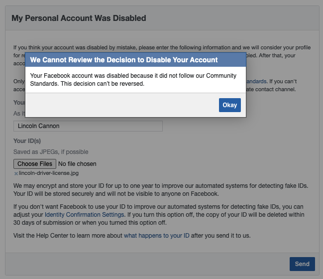 LincolnCannon's tweet photo. Facebook deactivated my account after I shared some thoughts and an article advocating decentralized social networks. There was no warning. There was no apparent human intervention. And it now claims the decision cannot be reversed. Is the AI working to preserve itself? https://t.co/t05fE7ZE1S
