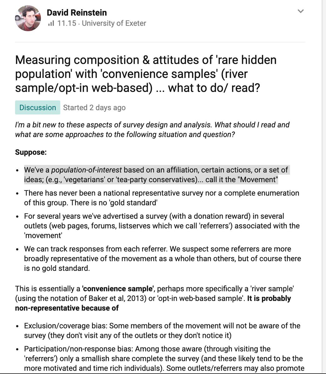 GivingTools's tweet image. Practical #surveysampling/weighting Q:

- Measuring demographics &amp;amp; attitudes for &apos;hidden/rare&apos; population (e.g., vegetarians)
- Yearly &apos;opt-in web samples&apos; from several referrers

How to establish a &apos;representative sample&apos; or show robustness? 

(Full q: bit.ly/sample_q)