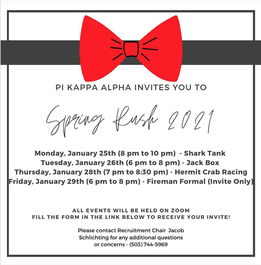 LinfieldFSL's tweet photo. Hey Wildcats! Rush week is approaching quickly so get ready, here is Pike's Rush Week schedule. If you are interested in joining Greek life click on the link in the profile bio. Go Cats! #linfield #linfieldfsl https://t.co/4h2PPYZrHl