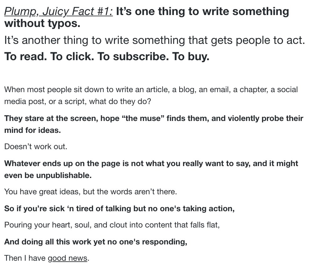 The next section addresses the pain points people face when sitting down to write.He agitates his audience by highlighting the frustrations and problems they face when tackling a project. >> Uses emotional language (violently, sick, tired)>> Paints a picture of failure.
