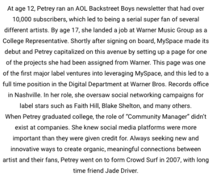So who is Cassie Petrey? She started at the age of 12 running an AOL newsletter for the Backstreet Boys. She got hired at Warner where she led Myspace groups for up and coming artists. Then she met her partner Jade Driver and together they started CrowdSurf.  #FreeBritney