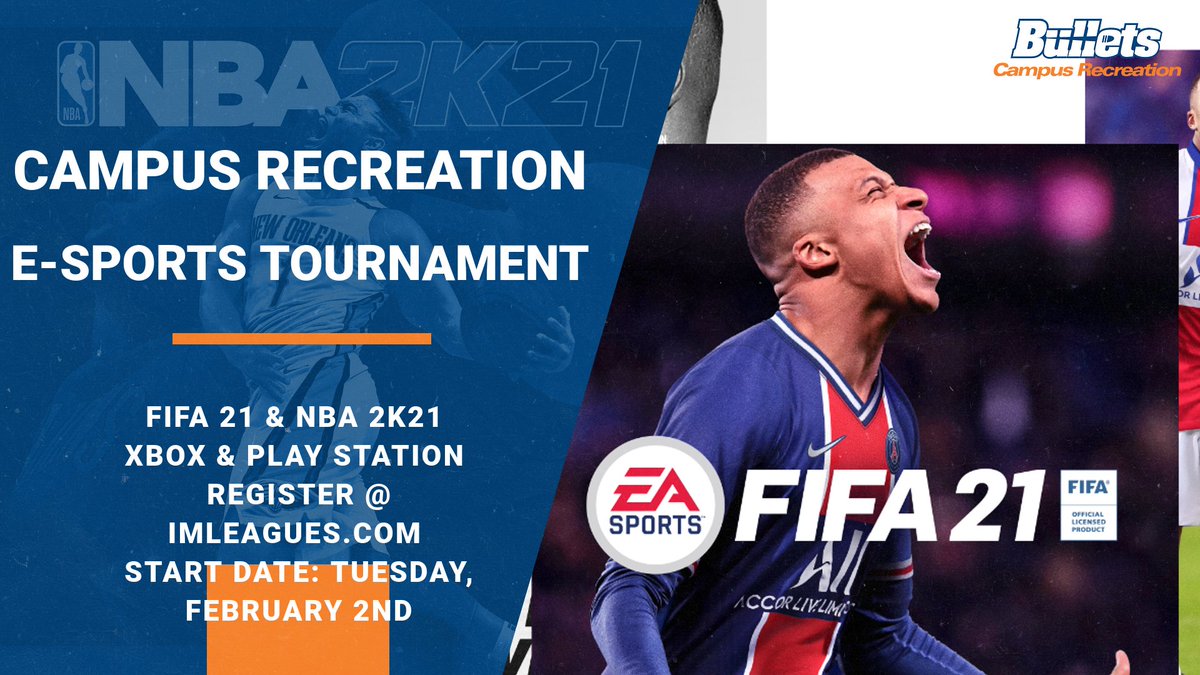 New Semester! New tournament!

Late night and Special Events will be holding an NBA 2k21 and FIFA 21 tournament from Tuesday, February 2nd to Friday, February 5th. Registration for these tournaments is until Monday, February 1st at Noon.

Sign-up on IMLeagues.com/gettysburg.