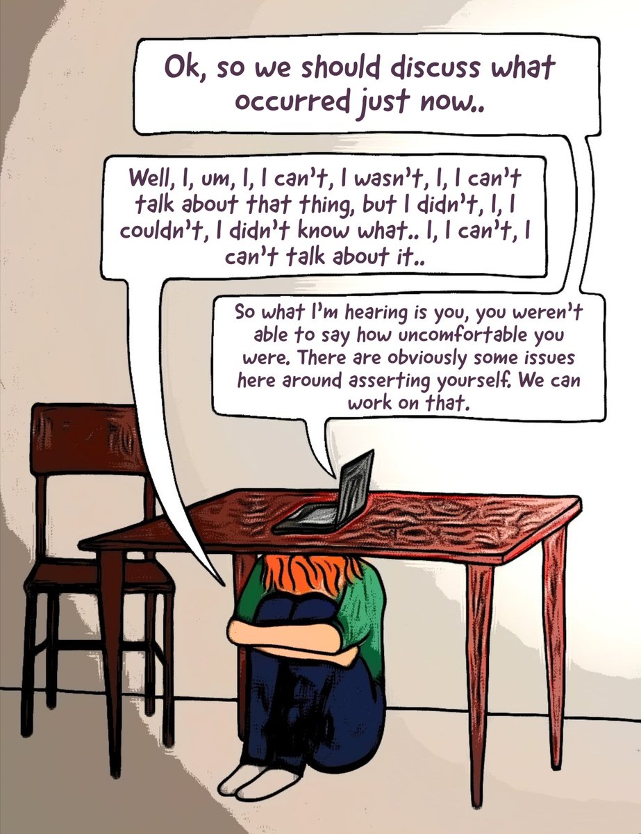 Illustrated direct quotes from my MH appointments #6The (commonly denied) power imbalance in MH staff-patient relationships can make it impossible for patients to assert their needs. In this appointment I was pushed too far to disclose a trauma & was blamed for not saying no.