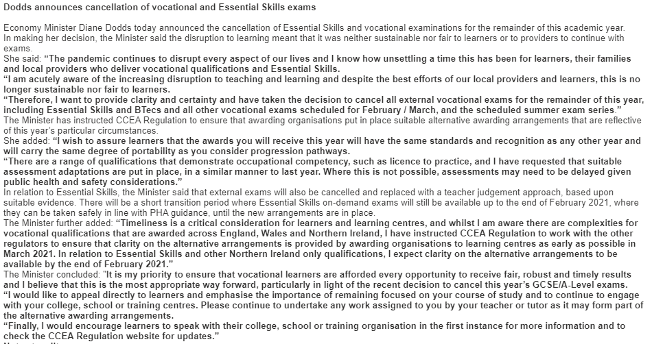 SineadMcL4Foyle's tweet photo. After urging her to do so, I am pleased to see that Minister Dodds has finally announced the cancellation of Essential Skills and vocational exams for the rest of this year. 

Shameful that it took this long when Alevels and GCSEs had already been cancelled weeks ago! https://t.co/TmMMJ4scLl