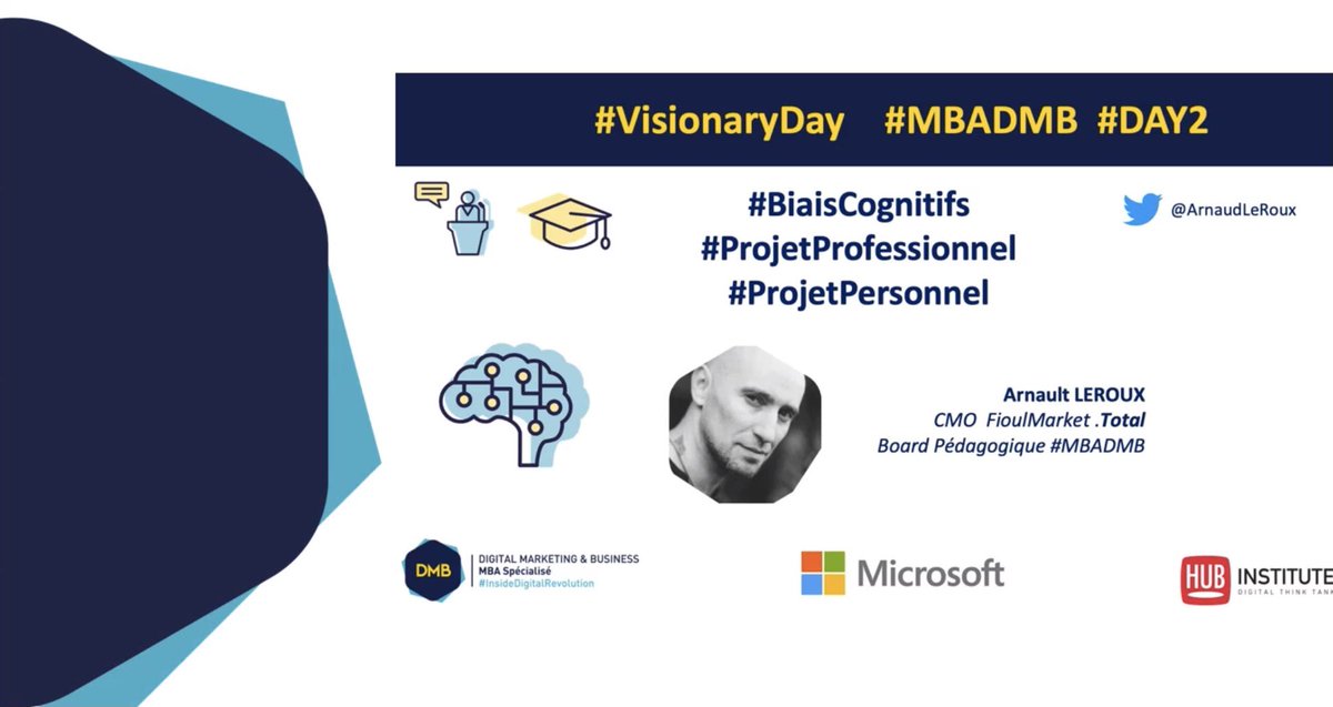 C’est parti ! 
Conférence sur les #biaiscognitifs avec @ArnaudLeRoux pour ce #Day2 du #VisionaryDay 🤩🤩
#MBADMB #GoGoGO