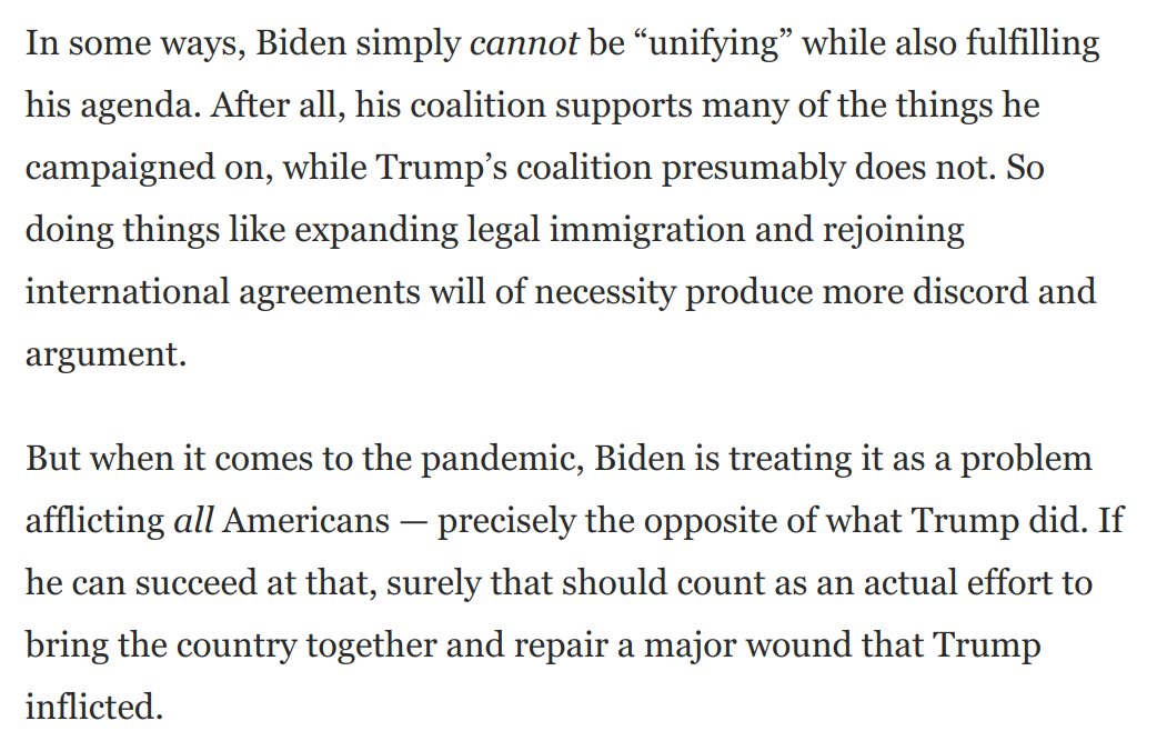 Trump used coronavirus to relentlessly stoke civil and regional conflict.Biden is offering a national Covid strategy that channels resources into helping all Americans, including or especially in rural areas, i.e., Trump country.Unifying! https://www.washingtonpost.com/opinions/2021/01/22/hidden-feature-bidens-first-big-moves-major-outreach-trump-country/
