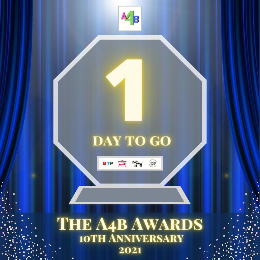 a4btweets's tweet photo. ONE DAY TO GO!🏆🎭✨

We can't wait to celebrate with you all tomorrow evening. Dig out your glad rags from the back of the wardrobe and use the hashtag #A4BAwards10 on social media to share your photos and messages of the evening! https://t.co/i2f7HOYrTX