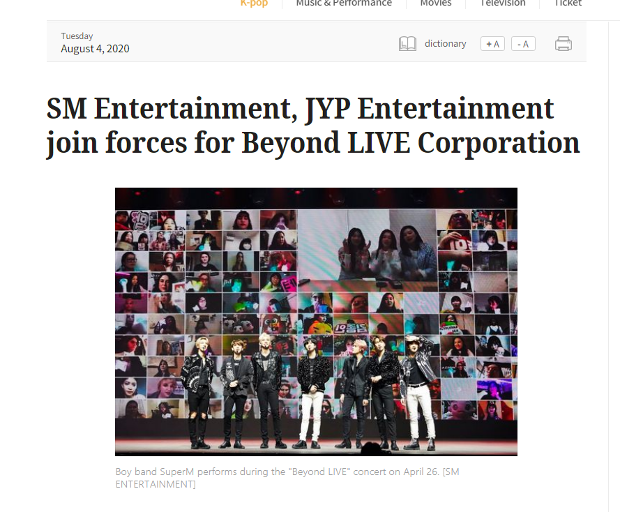 JYP Entertainment joins the Beyond Live venture with Naver and SM Entertainment  https://koreajoongangdaily.joins.com/2020/08/04/entertainment/kpop/Beyond-LIVE-Beyond-LIVE-Corporation-SM-Entertainment/20200804183607550.html