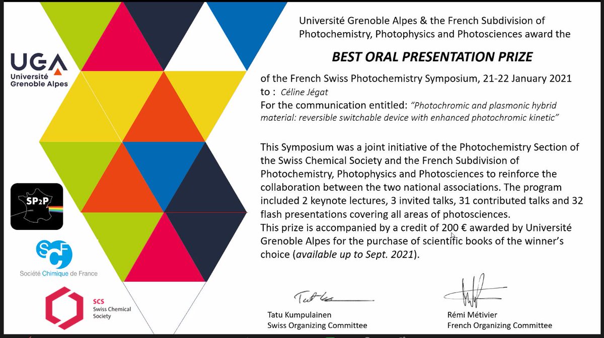Celine Jegat So Happy To Share This With You I Was Awarded With Best Oral Presentation Prize During The French Swiss Photochemistry Symposium Of Photo Sp2p Many Thanks To The