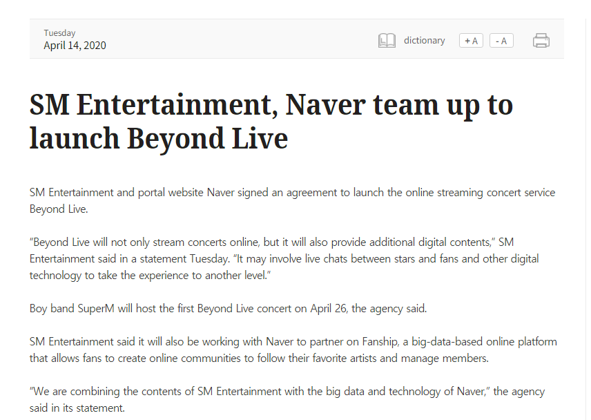 Naver signs an MOU with SM Entertainment to launch Beyond Live, an online streaming concert service  https://koreajoongangdaily.joins.com/news/article/article.aspx?aid=3076063