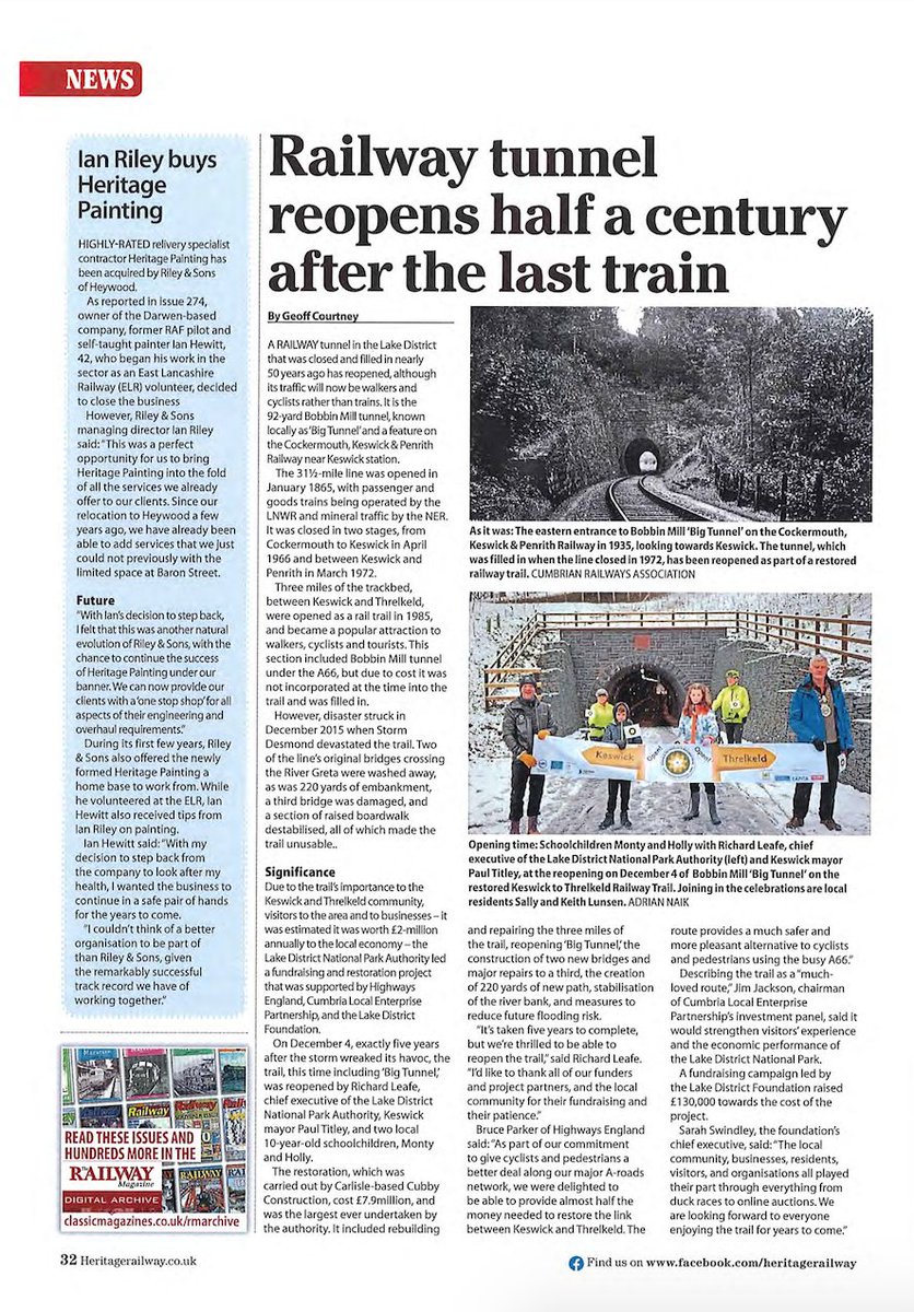 Here we have a snippet from the Heritage Railway magazine, February issue 276 written up by Geoff Courtney. The article goes into some fantastic detail about the history of the Tunnel and the significance of it within the Keswick and Threlkeld community.