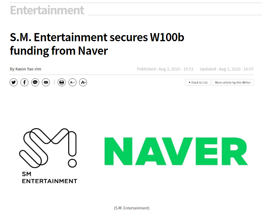 Naver invests ₩100b in SM Ent into their 2 affiliates SMEJ Plus & Mystic Story, and a different fund for new video content. SMEJ Plus operates the company's fanclubs via the Lysn app, which has been integrated with VLive's Fanship. http://www.koreaherald.com/view.php?ud=20200803000774