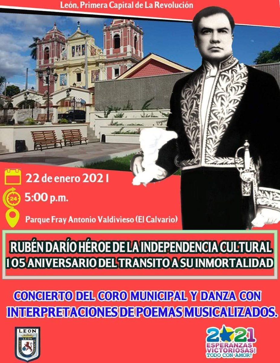 yadercino's tweet photo. Siguen las actividades Darianas en #LeónRevolución, hoy a las 5 pm 🕠 en el parque de El Calvario habrá concierto y danza con poemas musicalizados de Rubén.

#ElPuebloNoSeDetiene
#PatriaParaTodos https://t.co/lrSoq6XB2D
