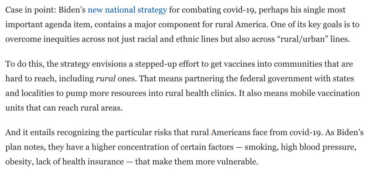 The pandemic has exposed deep public health inequities across the urban-rural divide.The Biden plan seeks to address these inequities on vaccines, medical supplies, health infrastructure, and more.Unifying!I talked to  @gregggonsalves about this: https://www.washingtonpost.com/opinions/2021/01/22/hidden-feature-bidens-first-big-moves-major-outreach-trump-country/