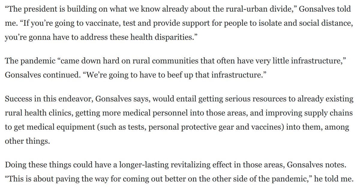 The pandemic has exposed deep public health inequities across the urban-rural divide.The Biden plan seeks to address these inequities on vaccines, medical supplies, health infrastructure, and more.Unifying!I talked to  @gregggonsalves about this: https://www.washingtonpost.com/opinions/2021/01/22/hidden-feature-bidens-first-big-moves-major-outreach-trump-country/