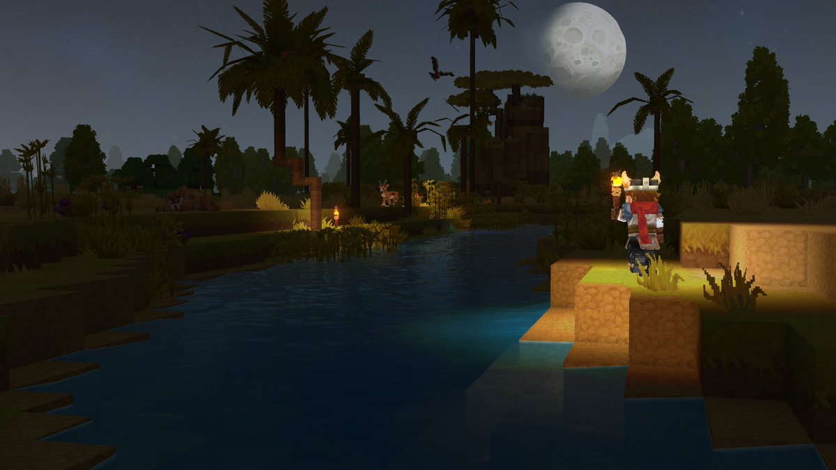 Hytale's tweet image. An explorer travels the moonlit borderland where two zones meet… 🌔🌴 #Hytale