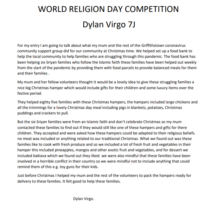 LornaVirgo's tweet photo. @WestMon_RE @Humanities_WMS here is Dylan Virgo's religious kindness example.  Happy #worldreligionday !! https://t.co/2ThGFfp830