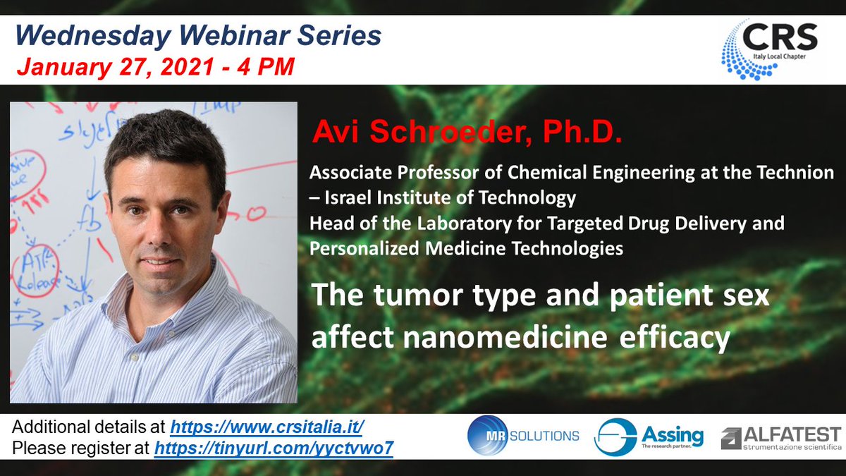 Don't miss this one! Next Wednesday JAN 27 at 16:00 CET, <a href="/AviSchroeder/">Avi Schroeder</a> from <a href="/TechnionLive/">Technion Israel</a> will give a talk on how demographics affects nanomedicine efficacy! <a href="/CRS_Italia/">CRS Italy Local Chapter</a> @CRS_FG_bMimetic <a href="/CRSScience/">Controlled Release Society</a> <a href="/CRS_YSC/">Young Scientist Committee YSC-CRS</a> 

Register here: tinyurl.com/yyctvwo7