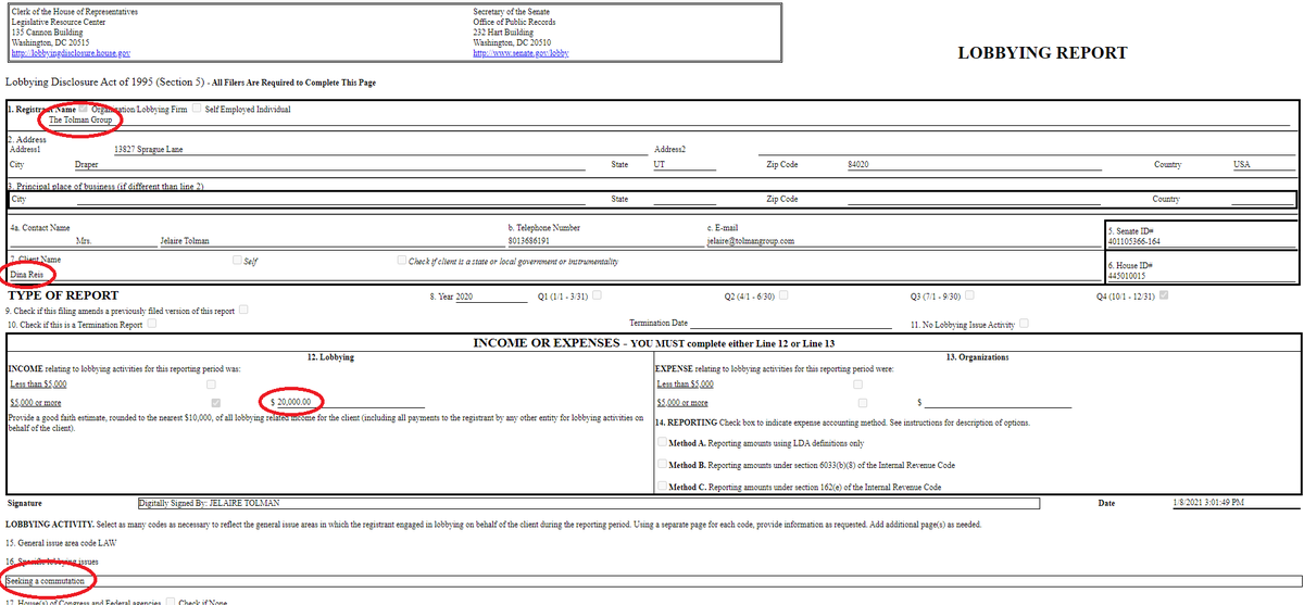 BRETT TOLMAN, who worked with TRUMP team on pardons & commutations, successfully lobbied for clemency for several clients.But he also was paid to lobby by several who didn't get clemency, including DINA REIS ("the stealing socialite") who paid him $20k.  https://lda.senate.gov/filings/public/filing/c116169d-6bd0-41b6-8e2b-62803e4e56b6/print/