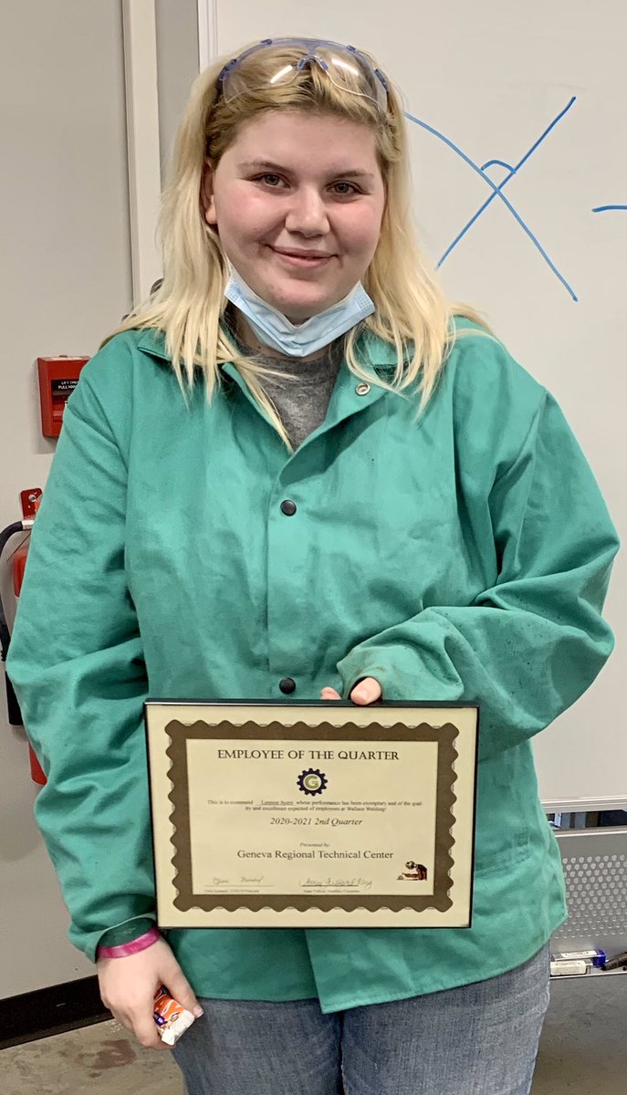 Congratulations to our 1st shift Welding Employee of the Quarter: Lennon Ayers! Lennon has gained new confidence in welding and is no longer afraid to ask for help when she needs it. This student is selected for attendance, work ethic, team work, and quality of work. Congrats!