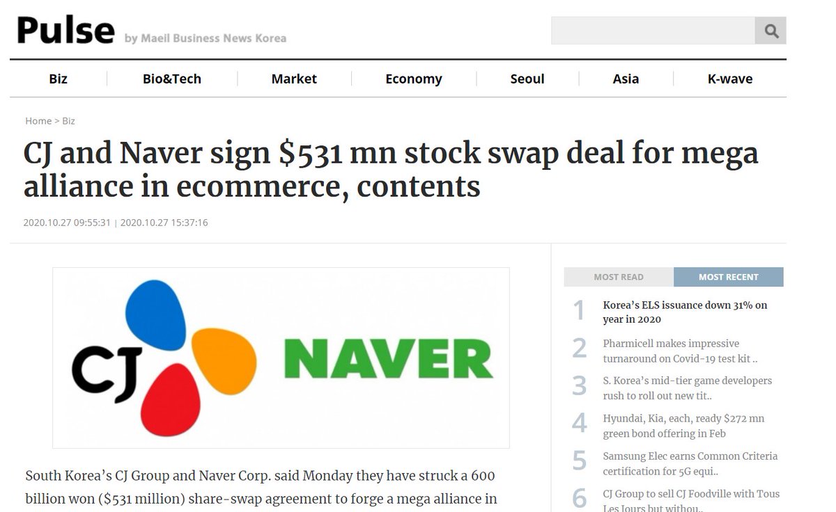 Naver and CJ Group sign a share-swap deal, giving Naver 7.85% of CJ Logistics (3rd largest stockholder), 4.996% of CJ ENM (3rd largest stockholder), 6.26% Studio Dragon (2nd largest stockholder). CJ Group got 1.24% of Naver. ++ https://pulsenews.co.kr/view.php?year=2020&no=1099451