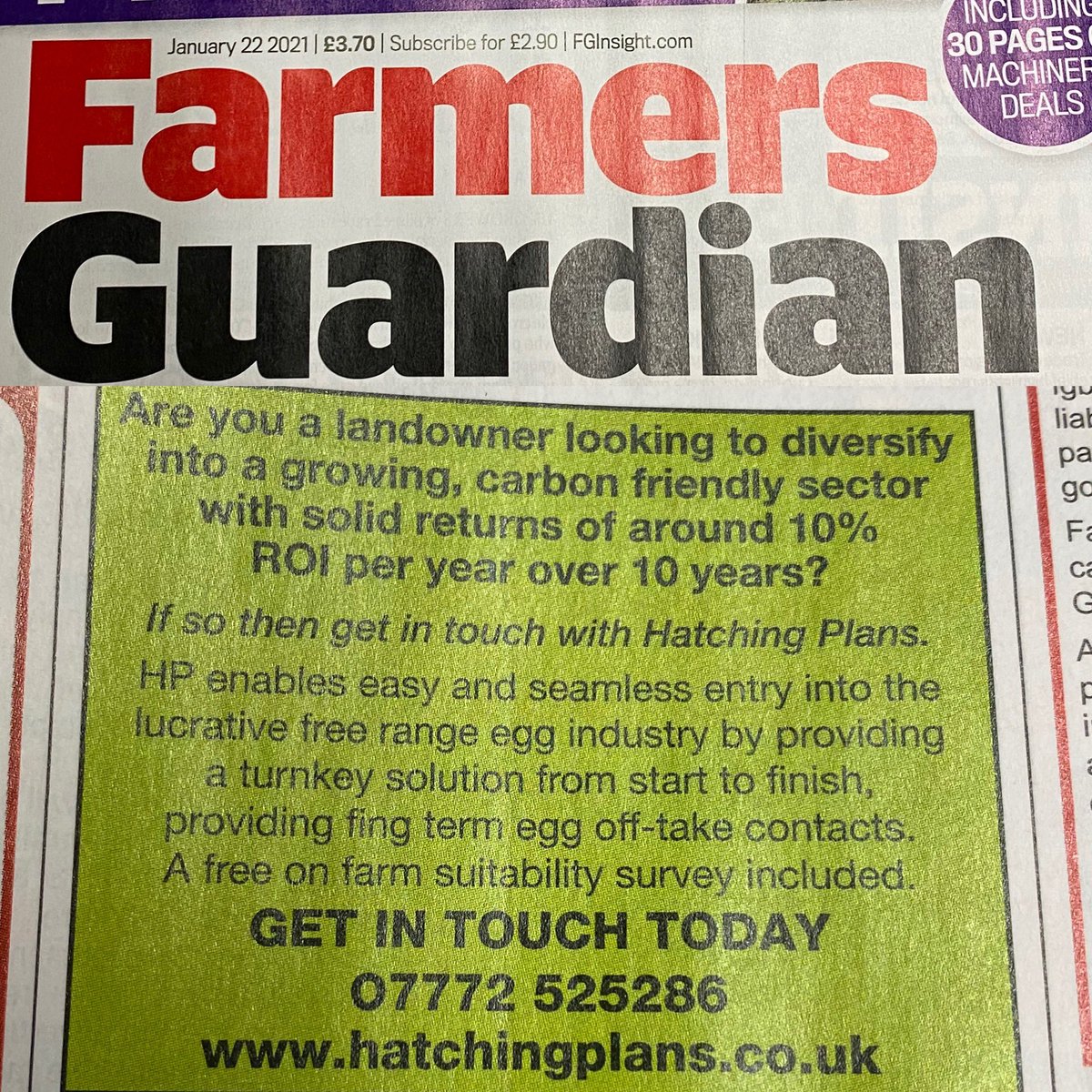 Did you spot <a href="/HatchingP/">Facco UK</a> in this weeks <a href="/FarmersGuardian/">Farmers Guardian</a> get in touch, or go to our website to find out how we can help farmers and landowners enter the free range egg industry, earn strong returns on investment whilst hitting #netzero targets hatchingplans.co.uk
