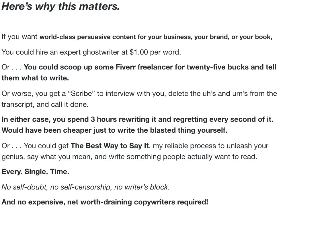 Once the proof section is wrapped up he:>> closes out the sales letter with more pain points >> switches gears again and hits you with more benefitsThen he introduces the price & tells you exactly what you'll get inside.