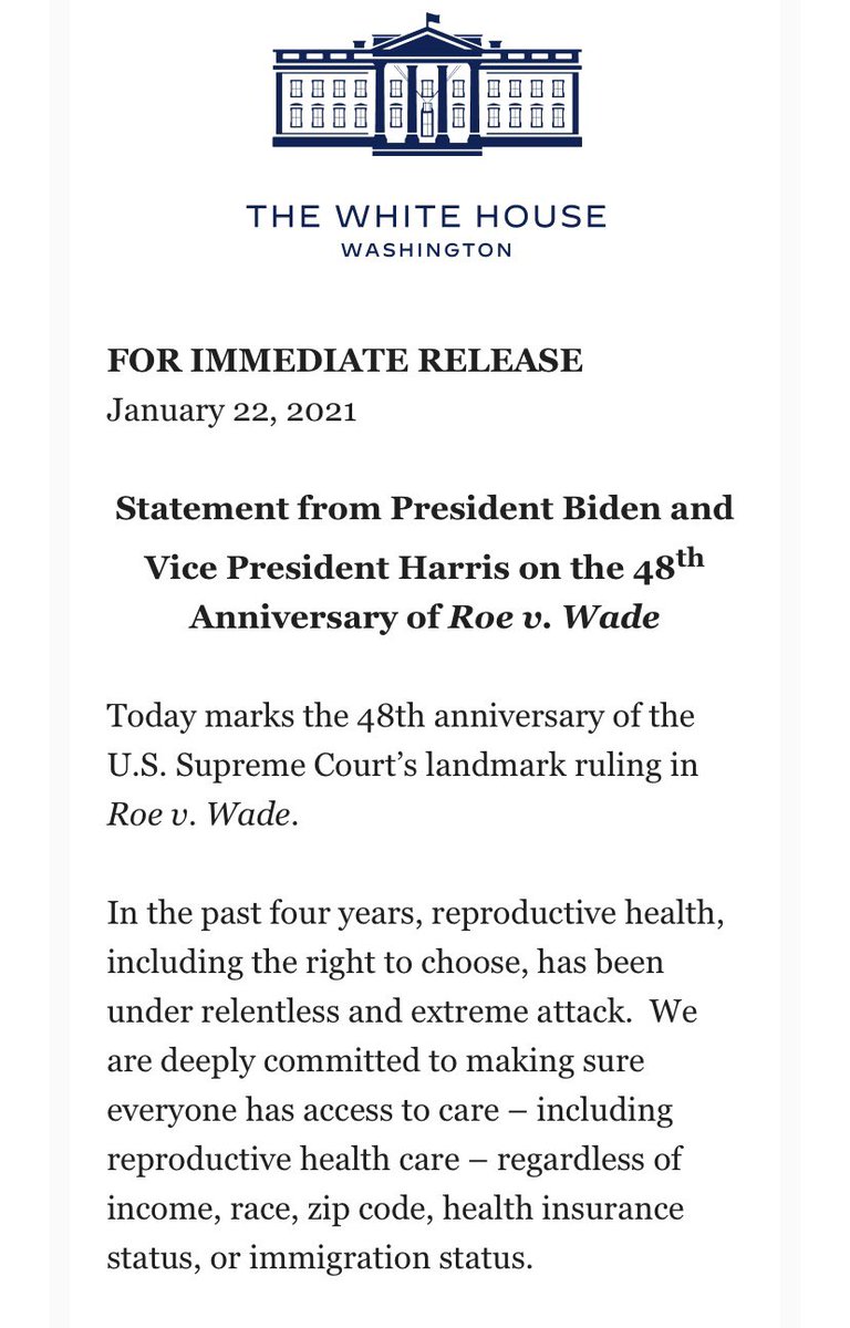 sarahmccammon's tweet photo. INBOX: @WhiteHouse statement on the anniversary of Roe v. Wade, which legalized abortion nationwide. Biden has promised to work to codify Roe in federal law. https://t.co/EB9rjz4fuo
