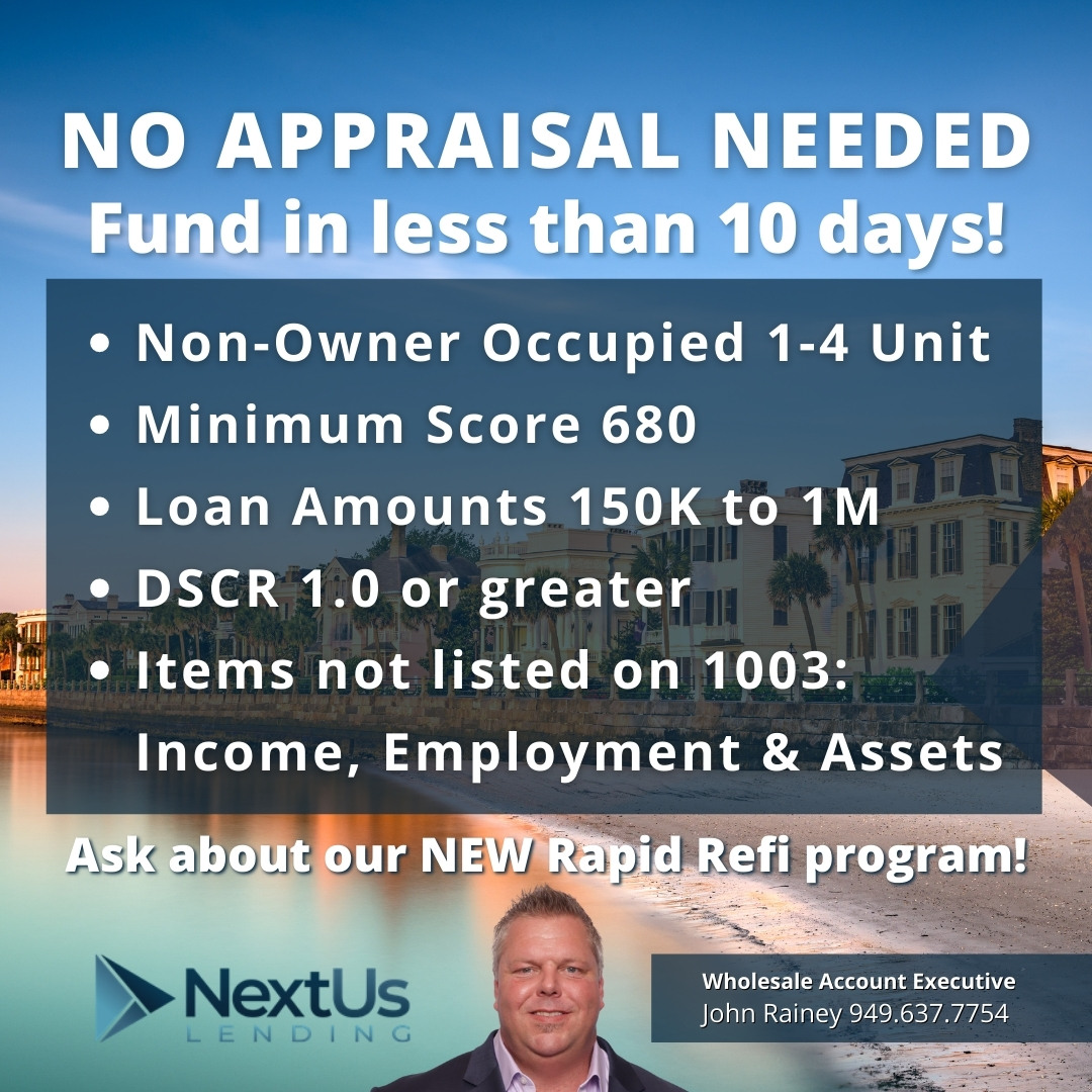 JohnRainey's tweet photo. No appraisal, That’s right! No appraisal required!
DSCR investment rapid refi program is now open for submissions.
#mortgagebrokers #dscr #noappraisal #propertyinvestment #refinance #nonqm #dscr #jumboloans #brokersarebetter #realestateinvestors https://t.co/KYz2IsKCKi