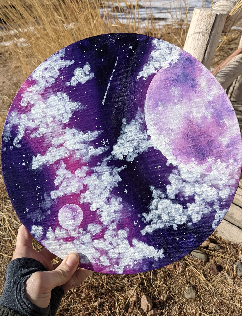 GinaMacabre's tweet photo. I have slacked on updating artwork since the Holidays here, I've been busy learning TikTok so here is a little painting from December. #galaxyart #art #artist #ArtistOnTwitter #cottagegoth #moon #moonart https://t.co/OCuE0eeiER