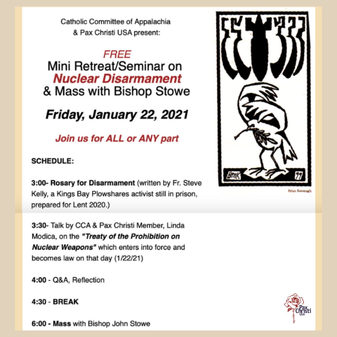 PaxChristiUSA's tweet photo. Join Catholic Committee of Appalachia @ThisLandIsHome & @PaxChristiUSA to learn more about the Treaty on the Prohibition of Nuclear Weapons.
Register: https://t.co/08q88AgP4w
Our bishop pres @BpStowe will be offering Mass at 6pm ET.
#NuclearBan
#PrayStudyAct
#LoveIsPolitical https://t.co/I5dNvixYcD