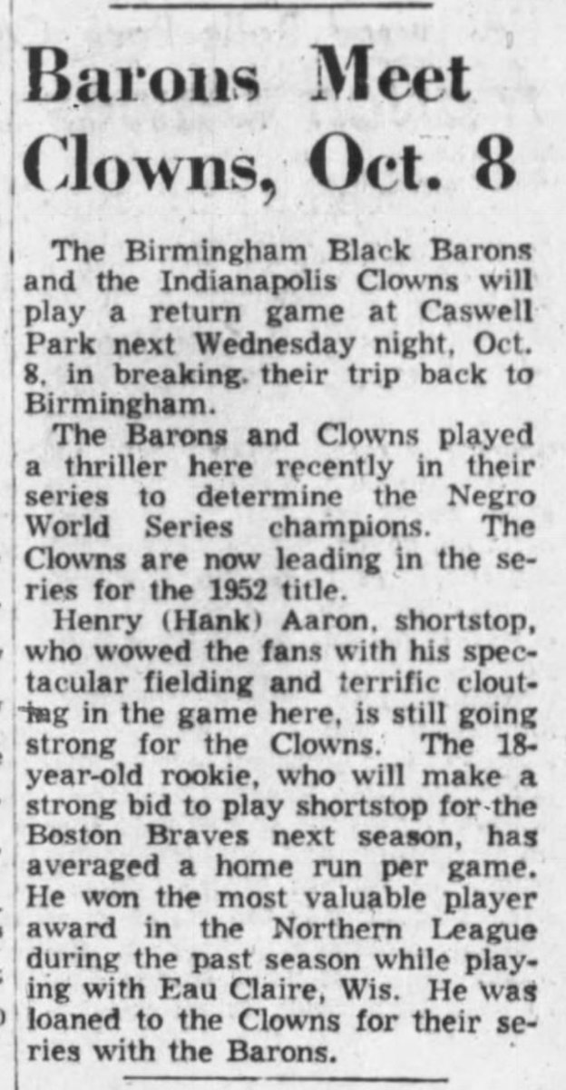 Now things get a little complicated. The 1952 series was eventually won by the Clowns, but there's no record of how many games were played. But one thing is clear... The news clip above is from Sept 15. This clip is from Oct 1—and says Aaron "has averaged a home run per game."