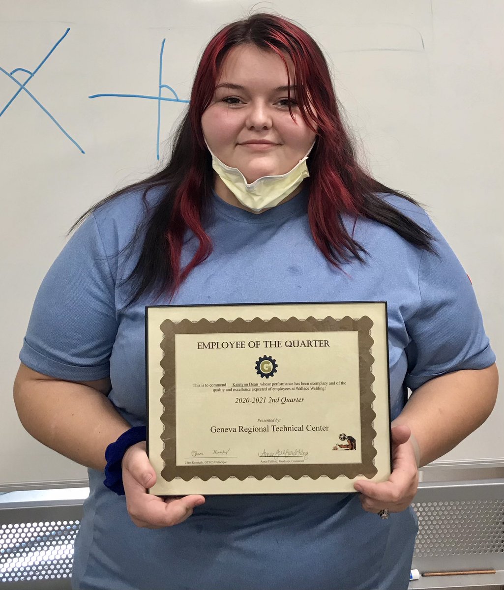Congratulations to our 3rd shift Welding Employee of the Quarter: Katelynn Dean!Katelynn’s favorite thing about GTECH is her new family of welding people that all have amazing futures. This student is selected for attendance, work ethic, team work, and quality of work.