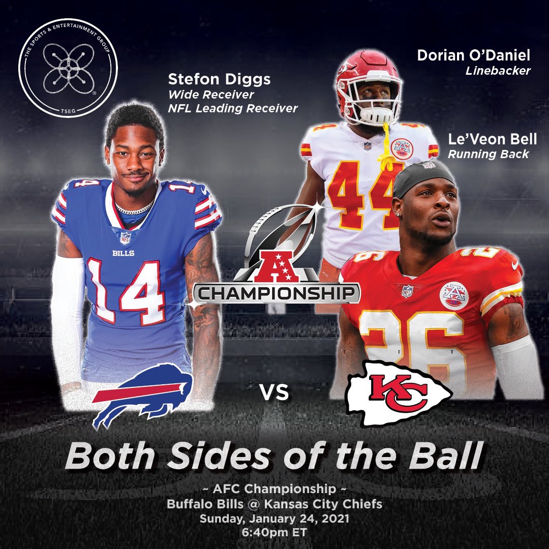 TheSportsEntGrp's tweet photo. Both sides of the 🏈 AFC Championship Edition: #versus #verzuz💥 @BuffaloBills NFL Receiving Leader @stefondiggs VS. @Chiefs: @LeVeonBell @Dorian! #fantasyfootball #nfl #afcchampionship #covid19 #BillsMafia #StefonDiggs #ChiefsKingdom #LeVeonBell #DorianOdaniel #TSEG #SB55 https://t.co/HHtYCZBGRX