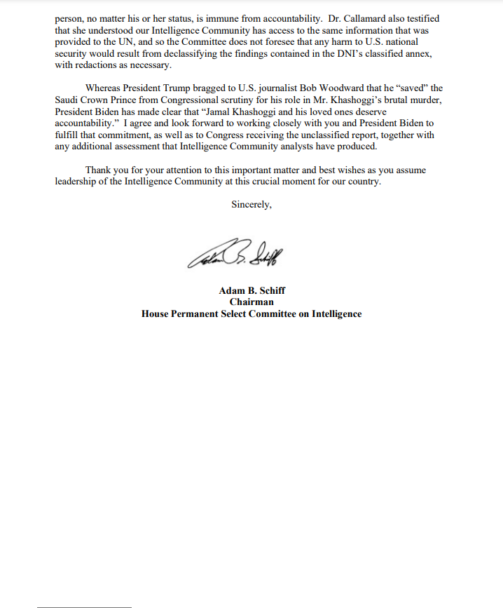The brutal murder of Jamal Khashoggi was an assault on human rights.

But for a year the Trump Admin refused to make public an unclassified report on Saudi Arabia's culpability.

I have asked Director Haines to declassify this report. There must be accountability and justice.