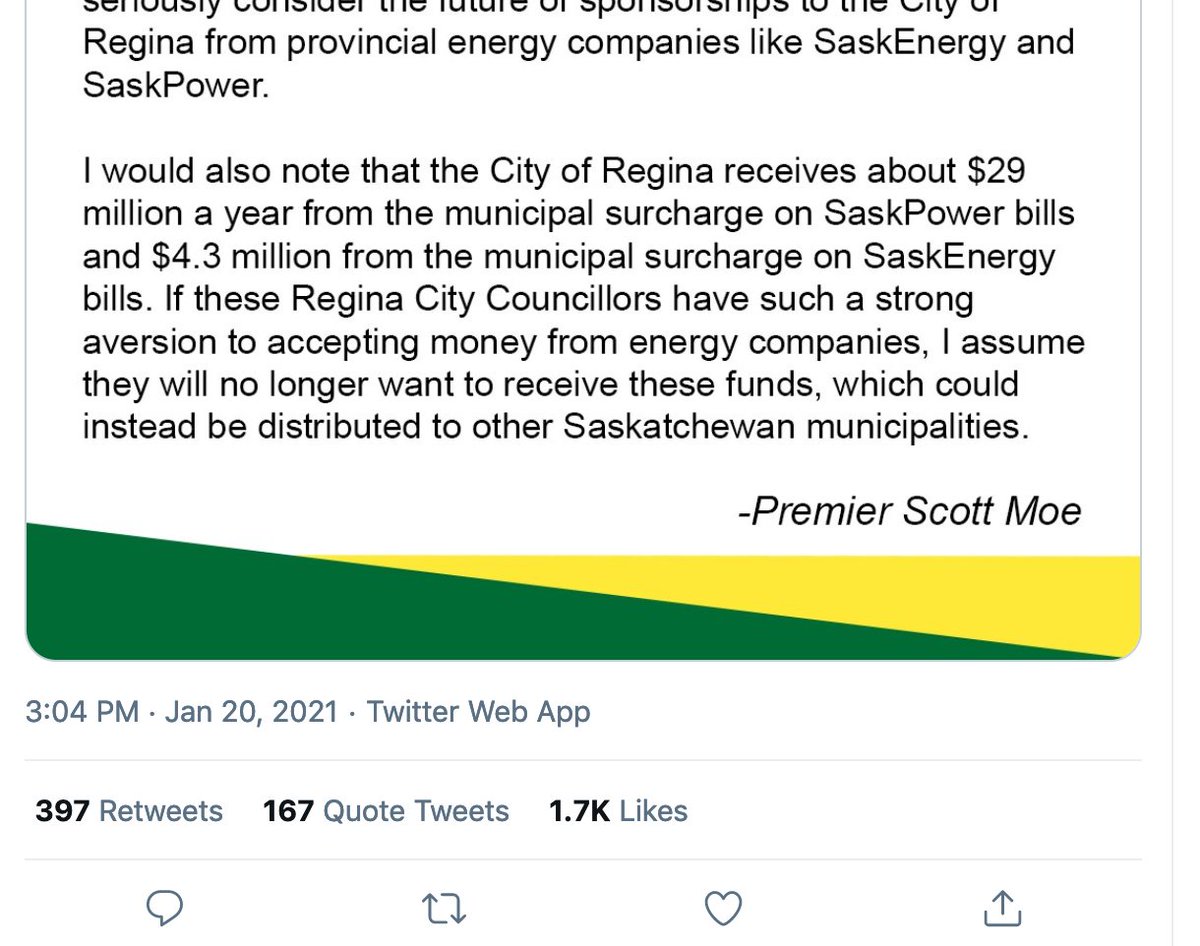 To carry on from yesterday… Shortly after exec comm decided to add fossil fuel companies to their sponsorship policy restricted list, Scott Moe took to social media to express his displeasure. This behaviour is despicable. Scott Moe is a bully.  #yqrcc /1