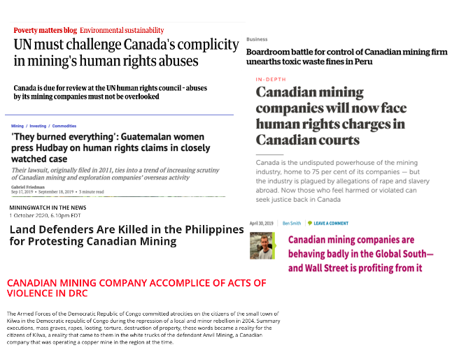Canadian mining is directly &/or indirectly involved in environmental devastation, human rights abuse, forced displacement, systematic rape, slavery, extrajudicial killings, war, billions in tax evasion, livelihood destruction, child soldier recruitment, climate change... (3/15)