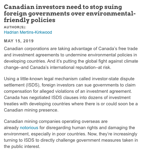 Yet when host governments want to create stronger regulations to protect their natural resources from mining, affected corporations and foreign investors can sue (often low income) governments for millions, sometimes billions through investor-state dispute settlements. (6/15)